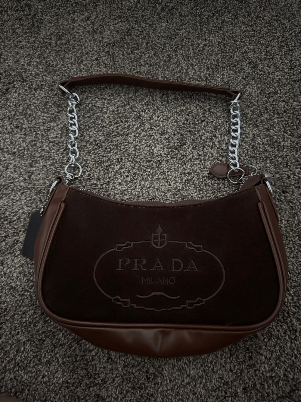 Prada Brown Suede and Leather Shoulder Bag with Chain Strap